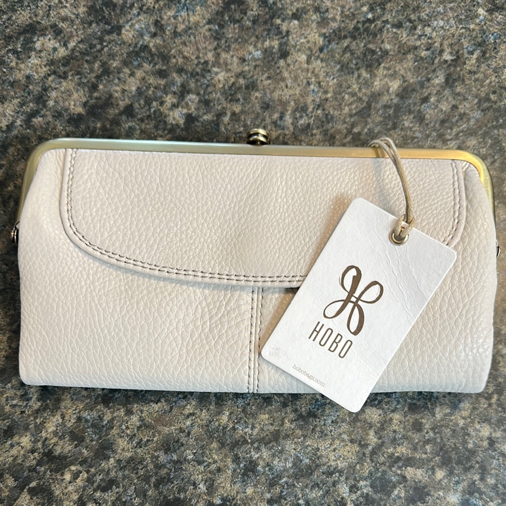 HOBO Cream Leather Wallet with Pebbled Texture and Curved Stitching